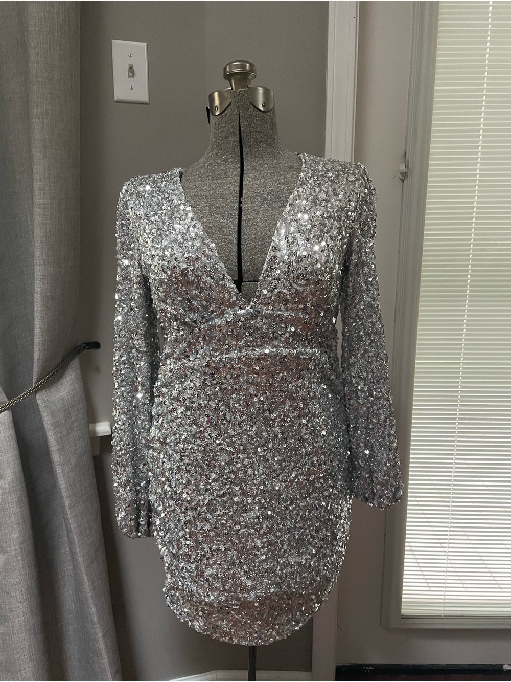 Silver Sequin Mini Dress with V-Neck